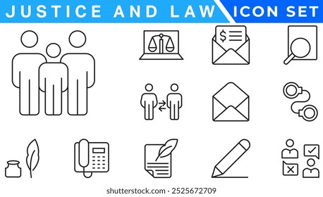 Justice icon set. Containing justice law, court legal, lawyer, judgment, authority, criminal and prison icons. Vector illustration. Solid icon collection