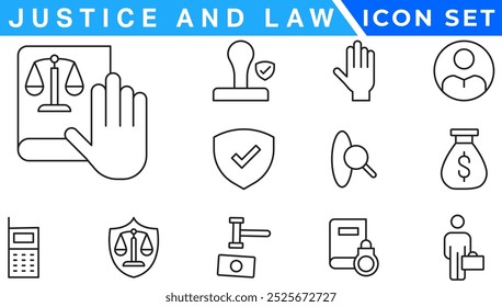 Justice icon set. Containing justice law, court legal, lawyer, judgment, authority, criminal and prison icons. Vector illustration. Solid icon collection