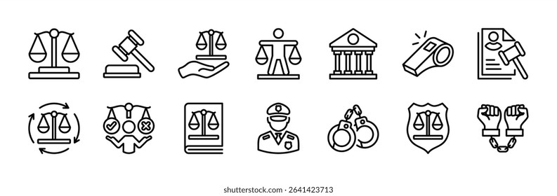 Justice icon set. Contains law, judgment, court, lawyer, equality, legal hammer, courthouse, whistle, process, truth, balance, police, handcuffs, criminal, law book. Vector illustration