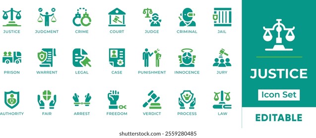 Justice Icon Set. Features editable icons for justice symbols, law, crime, court, legal, judge, criminal, prison, warrant, case, and more. Perfect for legal, government, and law enforcement websites.