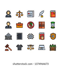 Justice icon set with filled outine style vector illustration