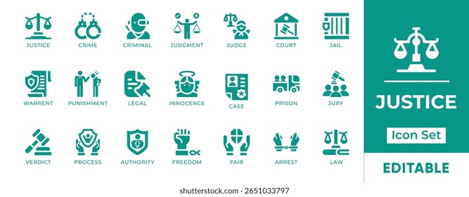 Conjunto de ícones de justiça. Inclui ícones da lei, escala, tribunal, juiz, direitos legais, constituição e justiça. Perfeito para aplicativos legais, serviços e educação cívica.
