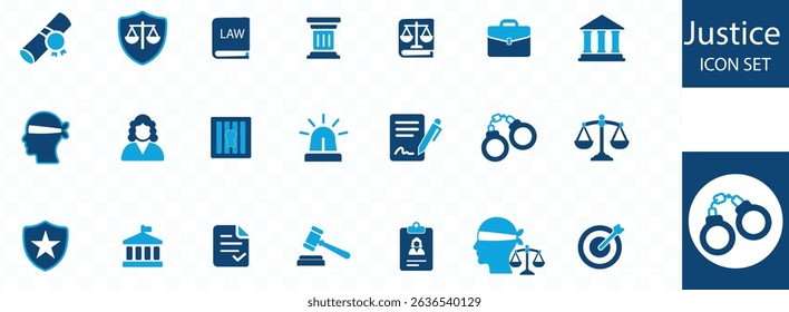 Justice icon set. justice law, court legal, lawyer, judgment, authority, criminal and prison icons. Vector illustration