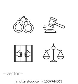 justice icon set, prison, judge gavel, law scales, handcuffs, thin line web symbols on white background - editable stroke vector illustration eps10