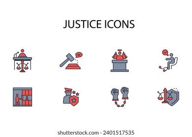 Juego de iconos de justicia.vector.Curso editable.Signo de estilo lineal para usar diseño web,logotipo.Ilustración de símbolo.