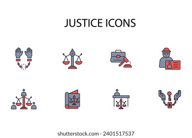 Juego de iconos de justicia.vector.Curso editable.Signo de estilo lineal para usar diseño web,logotipo.Ilustración de símbolo.