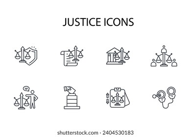 Juego de iconos de justicia.vector.Curso editable.Signo de estilo lineal para usar diseño web,logotipo.Ilustración de símbolo.