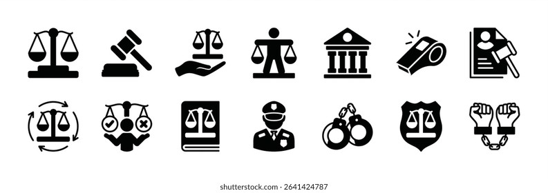 Justice icon vector set. Contains law, judgment, court, lawyer, equality, judgement, legal hammer, courthouse, whistle, process, truth, balance, police, handcuffs, criminal, law book. Illustration