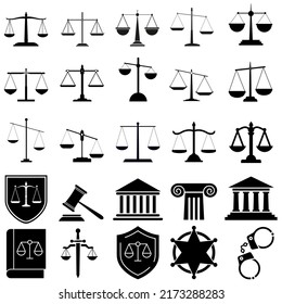 Juego de vectores de icono de justicia. Colección de signos de ilustración de la ley. Símbolo o logotipo de escalas.