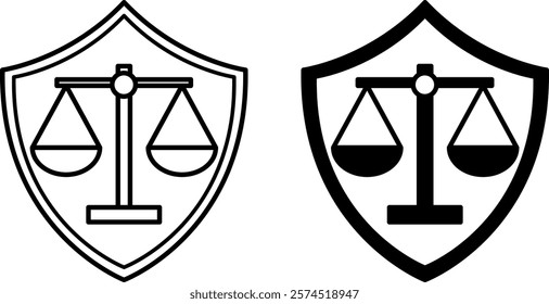 Justice Icons. Black and White Vector Illustrations. Scales and Protection Sign. Unbiased and Impartial Attitude. Society Sector Concept