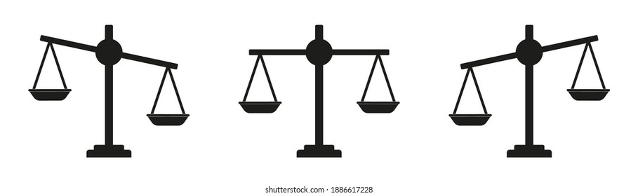 Justice icons. Scale and balance for law. Integrity for judge. Symbol of legal or litigation. Simple black logos for lawyer, weigh, truth, court and criminal. Equal and imbalance on libra. Vector.