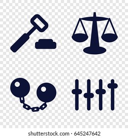 Justice icons set. set of 4 justice filled icons such as equalizer, ball chain, scales