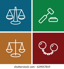 Justice icons set. set of 4 justice outline icons such as ball chain, scales