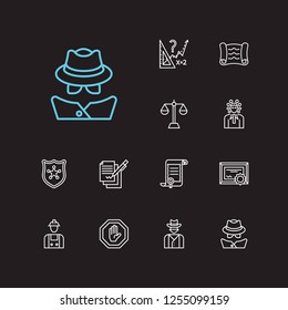 Justice icons set. Detective and justice icons with labor, cowboy and scroll. Set of contact for web app logo UI design.