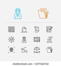 Justice icons set. Insurance and justice icons with document, scale and siren. Set of drawing for web app logo UI design.