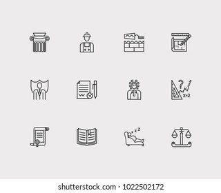 Justice icons set. Law and justice icons with building, legal and book. Set of elements including professional for web app logo UI design.