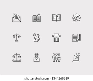 Justice icons set. Stamp and justice icons with insurance, cowboy and scale. Set of decision for web app logo UI design.