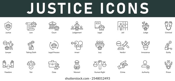 Ilustración vectorial de iconos de justicia con trazo editable de línea delgada contiene juicio de la corte de la ley prisión legal arresto criminal proceso legal autoridad del jurado delito derecho humano justo caso de orden judicial