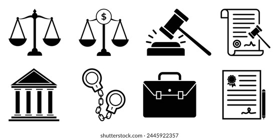  Justicia e investigación, delito, ley, iconos Ilustraciones vectoriales.