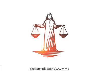 Justice, Islam, weighing, balance concept. Hand drawn Arab judge with Libra in his hands concept sketch. Isolated vector illustration.