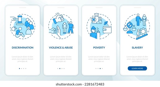 Justice issues blue onboarding mobile app screen. Society problems walkthrough 4 steps editable graphic instructions with linear concepts. UI, UX, GUI template. Myriad Pro-Bold, Regular fonts used