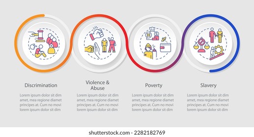 Justice issues loop infographic template. Society problems. Data visualization with 4 steps. Editable timeline info chart. Workflow layout with line icons. Myriad Pro-Regular font used