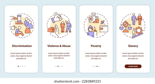 Justice issues onboarding mobile app screen. Society problems walkthrough 4 steps editable graphic instructions with linear concepts. UI, UX, GUI template. Myriad Pro-Bold, Regular fonts used