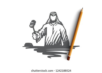 Justice, judge, indictment, Muslim concept. Hand drawn Arab judge with hammer concept sketch. Isolated vector illustration.