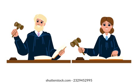 justice judge man woman  vector.  wo legal, gavel judgment, male verdict justice judge man woman character. people flat cartoon illustration