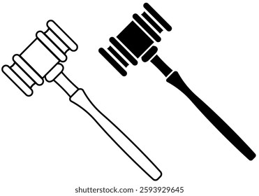 Justice or judges gavel, auction hammer in silhouette and outline versions, courtroom or crime element