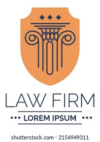 Justice and jurisdiction, advisors and advocates helping with matters in court. Attorney and barristers, professional assistance in case. Emblem or label, badge or logotype. Vector in flat style
