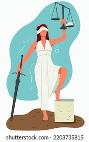 Justice lady holding scales. Femida with scales and sword. Juridical school. Flat Vector Illustration