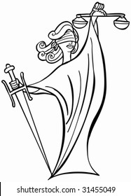 Justice Lady Line Art : Woman with blindfold, sword and scales representing the legal system.
