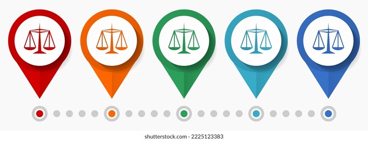 Justiz, Rechtskonzept, Vektorsymbol-Set, Flachdesign-Zeiger, Infografik-Vorlage