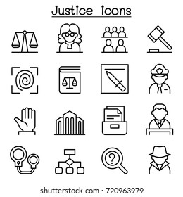 Justice , Law, Court icon set in thin line style