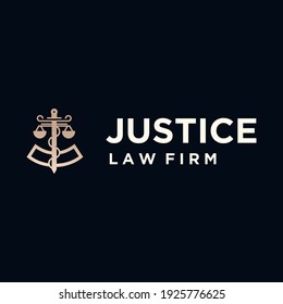 Justice law firm logo with gold color, firm, law, justice icon,