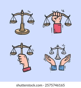 Justice and law hand drawn icon collection. World Day of Social Justice doodle illustration pack. Set of justice sketch containing scale, fist, legal law.