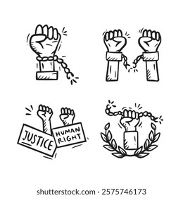 Justice and law hand drawn icon collection. World Day of Social Justice doodle illustration pack. Set of justice sketch outline containing scale, fist, legal law.