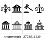 Justice and law icon set featuring courthouse buildings gavel balance scales legal authority and government institution symbols