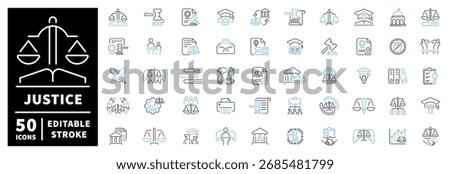 Justice and law icons set - editable line icons, outline, legal and court symbols