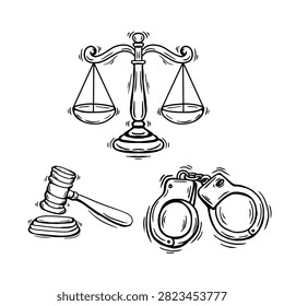 Justice and Law Icons Set Vector Illustration with Scales, Gavel, and Handcuffs