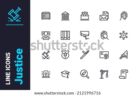 Justice and law icons set vector illustration. Judge man, verdict, courthouse line icon. Law, government, trial and jurisdiction concept