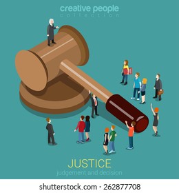 Justice and law, judgment and decision, court session, judicial sitting flat 3d web isometric infographic concept vector. Micro casual people and judge on gavel. Creative people collection.