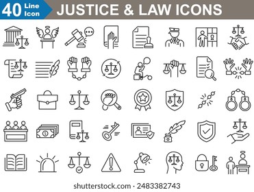 Justice and Law line icons set. thin line icons pack. lawyer, law book, gavel, crime, judge, court house more. vector illustration 