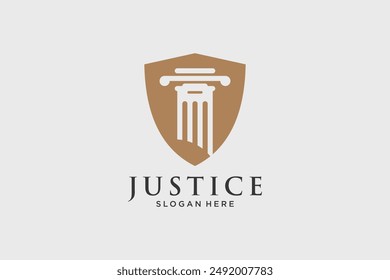 Justice Law Logo Design Vektorgrafik Vorlage mit Schildsymbol und Kreatividee
