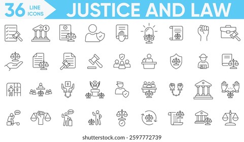 Justice and law outline icon set.court, lawyer, judgment, justice, legal, judgement,criminal, authority, criminal and more.Vector and illustrator set.