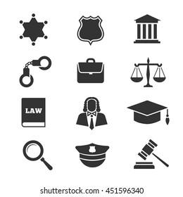 Justice, law, police vector icons. Set of justice icons, illustration legal justice