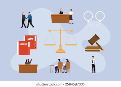 Justice and Law System Illustration - Courtroom and Legal 2d flat vector illustrations