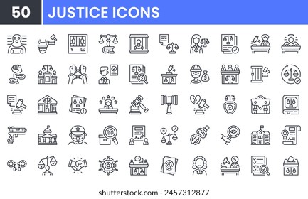 Justice and law vector line icon set. Contain linear outline icons like legal, lawyer, crime, court, judge, jail, prison, guilty, police, handcuff, corruption, investigation. Editable use and stroke.