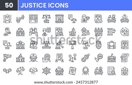Justice and law vector line icon set. Contain linear outline icons like legal, lawyer, crime, court, judge, jail, prison, guilty, police, handcuff, corruption, investigation. Editable use and stroke.